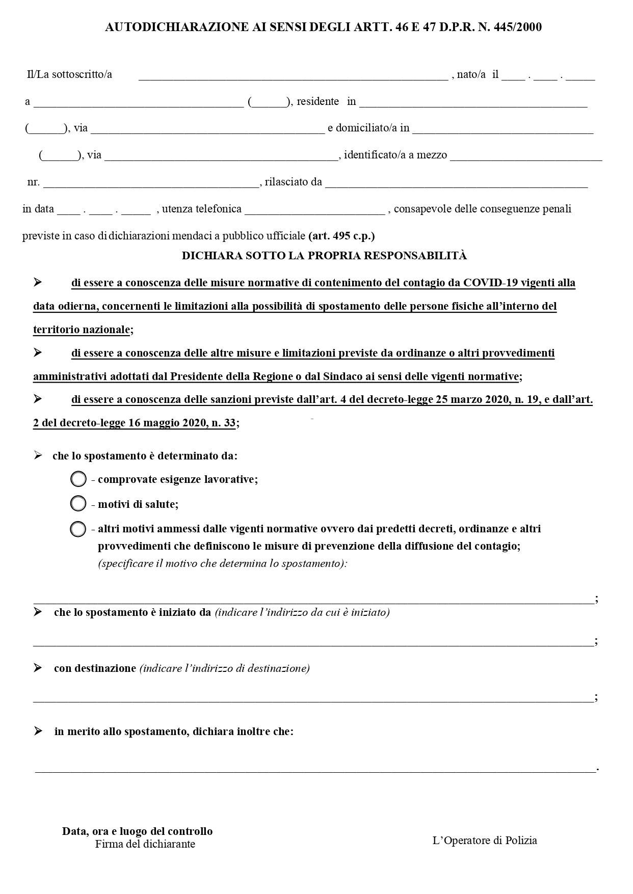 AUTOCERTIFICAZIONE AI SENSI DEGLI ARTT. 46 E 47 D.P.R. N. 445/2000